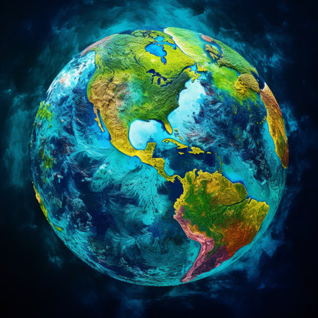 Embark on a virtual journey through the mesmerizing beauty of Earth's natural wonders in this breathtaking satellite view. The composition showcases a kaleidoscope of vibrant hues, harmoniously blending land, sea, and sky in a captivating visual symphony. Witness the delicate balance of colors as stunning landscapes, bodies of water, and celestial elements come together to demonstrate the profound interconnectedness of our planet's natural realms. This image transports you into the ethereal realm of celestial harmony, evoking a sense of wonder, awe, and reverence for the forces at play in our world.の素材