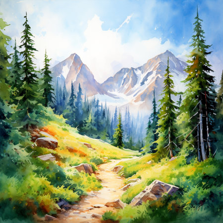 Embark on a thrilling journey with this vibrant watercolor painting capturing the essence of "Wilderness Wanderlust: Treading Paths of Endless Adventure." Immerse yourself in the beauty of nature as you explore a breathtaking rugged hiking trail surrounded by lush greenery, with majestic mountains towering in the background. The winding trail leads you through a dense forest, where beams of sunlight filter through the canopy, adding an ethereal touch to the scene. In the painting, hikers with backpacks and sturdy boots symbolize resilience and determination, fueling your excitement and curiosity to embark on your own outdoor exploration.の素材