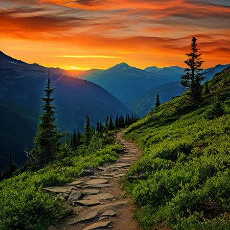 Immerse yourself in the beauty of nature with this breathtaking hiking trail. Follow a narrow path winding through lush green mountains, as it extends into the distance and disappears into a vibrant sunset. Reach an elevated point with a panoramic view of majestic landscapes, where tranquility and adventure merge. Experience the serenity of the hiking journey as you appreciate the natural beauty that surrounds you. This art style captures the essence of tranquility and adventure, highlighting the allure of the hiking experience.の素材