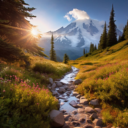 Embark on an unforgettable journey through enchanting landscapes filled with shimmering wonders. This picturesque hiking trail takes you on a path adorned with vibrant wildflowers and towering, majestic trees. As you wander, the trail leads you to a hidden clearing where cascading waterfalls create a mesmerizing spectacle, sparkling under the warm sunlight. In the distance, majestic snow-capped mountains emerge, their peaks reflecting the soft hues of a breathtaking sunset. This scene evokes a sense of tranquility, discovery, and the infinite beauty of nature. Get ready to escape into a world where realism and fantasy intertwine, captivating adventurers and nature enthusiasts alike.の素材