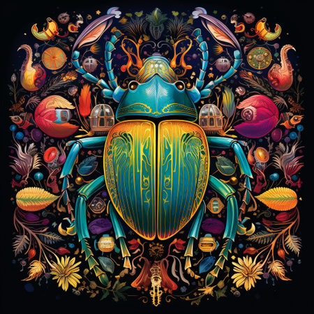 Immerse yourself in the fascinating world of beetles with this mesmerizing illustration that showcases their extraordinary adaptations in the macro world. The vibrant collage of beetles in this artwork highlights their distinct shapes, colors, and intricate patterns, inviting viewers to appreciate the diversity and complexity found within the insect kingdom. Created in a sophisticated art style that balances realism and artistic interpretation, this illustration captivates with its attention to detail, allowing viewers to explore the intricate beauty of these remarkable creatures.の素材