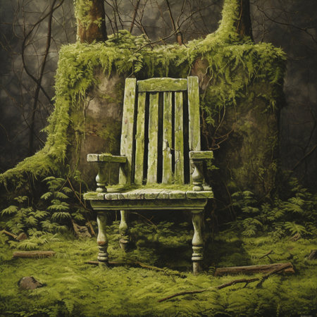 Experience the captivating beauty of decay with 'Decaying Serenity,' a hyperrealistic artwork depicting a weathered wooden chair covered in moss and cracks. This isolated chair sits alone in a serene, abandoned garden, transporting you to a world of tranquility and the passing of time. Against the backdrop of a white background, this image encapsulates the delicate balance between serenity and decay, showcasing the undeniable allure even in the midst of deterioration.の素材