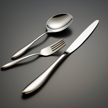 Experience the future of dining with this minimalist cutlery set featuring sleek and innovative design. Rendered in silver or metallic tones, these utensils exude a modern aesthetic that will elevate your dining experience. The composition showcases the cutlery arranged neatly on a clean, white surface, highlighting their elegant contours and refined simplicity. The play of light and shadows enhances the clean lines and smooth edges, creating an artistic masterpiece. With its high-quality and polished look, this image is perfect for use on microstock sites and will captivate the viewers with its futuristic charm.の素材