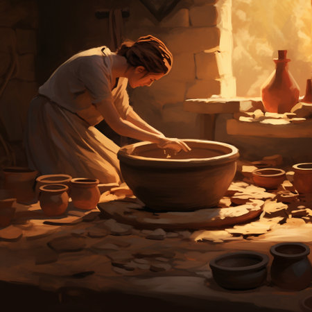 Witness the remarkable journey of ancient pottery unfold in this captivating illustration. Step into a dimly lit studio where a skilled potter works diligently at a potter's wheel, shaping a lump of clay with precision and artistry. Experience the transformative process as the raw material is expertly molded and transformed into a stunning ceramic masterpiece. Inspired by the rich history of ancient civilizations, the pottery showcases intricate patterns reminiscent of Egyptian, Greek, and Mayan design. Feel a deep sense of admiration, fascination, and wonder as you immerse yourself in the cultural significance and artistic brilliance of this ancient craft.の素材
