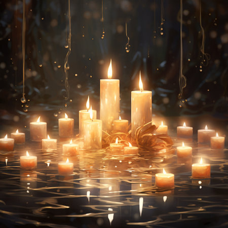 Step into a world of enchantment and serenity with this realistic art style image titled 'Illuminated Whispers: A Symphony of Light.' The captivating scene showcases an array of candles in different sizes and shapes, radiating a warm and inviting glow. Surrounding the candles, delicate fairy lights shimmer subtly, casting a soft, ethereal ambiance. The composition evokes a sense of tranquility and wonder, inviting viewers to immerse themselves in the symphony of light.の素材