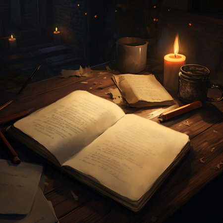 Immerse yourself in the mysterious world of 'Silent Echoes: Mysterious Tales in the Making' with this image of an empty journal. The eerie ambiance captured in this artwork sets the tone for the enigmatic stories waiting to be written within its pages. The minimalist and atmospheric art style draws your attention to the open pages of the journal, while the dim lighting and subtle shadows add an air of intrigue.の素材