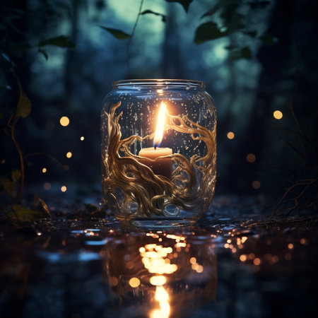 Experience the enchantment of a mesmerizing candle flame illuminating a mysterious scene. The flickering flames whisper secrets as they cast warm light and mysterious shadows. This captivating image exudes tranquility and a mystical ambiance. The interplay of light and shadows creates a slightly surreal atmosphere, while magical elements like twinkling stars or floating orbs add an extra touch of wonder. Delve into this beautiful and intriguing artwork that transports you to a world where beauty and mystery intertwine. Please note that there are no specific brands or trademarked designs in this image.の素材