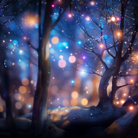 Immerse yourself in the enchanting beauty of this dreamy celestial forest. Every tree in this otherworldly scene is illuminated by colorful bokeh lights, creating a magical and ethereal ambiance. The bokeh lights take various shapes and patterns, filling the forest with a gentle glow that enhances the sense of tranquility and wonder. This image is perfect for backgrounds, wall art, or any creative project that aims to evoke a sense of calm, enchantment, and ethereal beauty.の素材