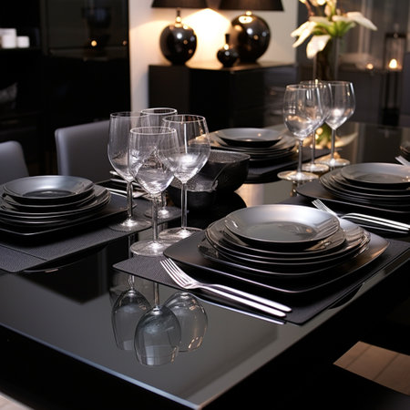 Immerse yourself in the world of stylish simplicity with this set of exquisite minimalist cutlery and dishes. Perfect for modern minimalists who are looking to elevate their dining experience, this collection embodies the concept of clean, contemporary design. The sleek black dining table is adorned with polished stainless steel cutlery, delicate porcelain plates, and slender glassware. With crisp lines and subtle shading, this image stands out on microstock sites and captures the attention of designers and decorators alike.の素材