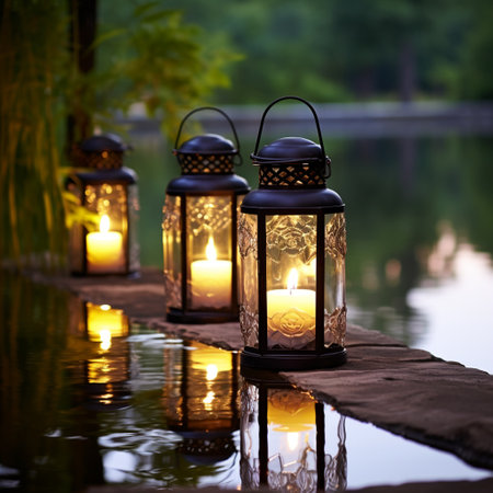 Immerse yourself in the breathtaking beauty of this picturesque scene, where vibrant decorative lanterns gently float on tranquil water, casting a mesmerizing glow upon the surroundings. This serene oasis, surrounded by lush greenery, creates an ambiance of tranquility that invites viewers to experience a moment of peace and enchantment. The lanterns vary in colors, shapes, and patterns, forming a visually striking composition that captivates the imagination. Let the serene atmosphere wash over you as you gaze upon this idyllic display of illuminated lanterns.の素材