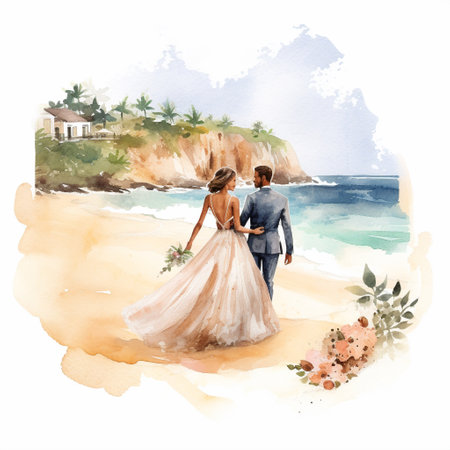 Experience the enchantment of a watercolor painting style with this mesmerizing beach wedding scene. Immerse yourself in the beauty of a charming couple exchanging vows on the pristine sand, as gentle waves crash against the shore. The bride radiates elegance in her flowing gown and delicate flower crown, while the groom exudes dapper sophistication in his suit. Surrounding them is an intimate gathering of joyful guests, their smiles and tears of joy adding to the atmosphere of love and romance. The vibrant hues of the stunning sunset in the background cast a warm glow over the entire scene, symbolizing the natural beauty and the beginning of a new chapter in the couple's lives. Let this image evoke feelings of excitement, affection, and the timeless allure of a beach wedding.の素材