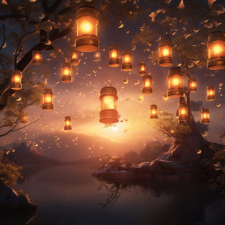 Step into the enchanting world of Nature's Embrace where decorative lanterns harmonize with Earth's natural beauty. This mesmerizing artwork captures the perfect blend of human creativity and the serene wonders of nature. The lanterns, adorned with intricate designs and vibrant colors, illuminate the surroundings, creating a magical and ethereal atmosphere. Allow yourself to be captivated by this stunning image that celebrates the harmony between human artistry and the captivating beauty of the Earth.の素材