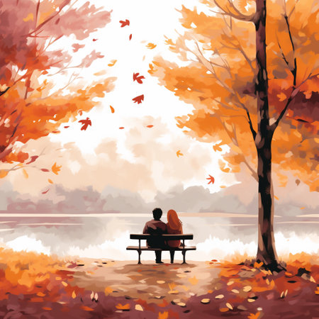 Immerse yourself in the serene beauty of autumn with this vibrant illustration. Created with an art style inspired by watercolor brushstrokes, it captures the essence of the season. The intertwining branches of two majestic trees form a cozy haven, inviting you to embrace the tranquility of autumn's beauty. As leaves of various warm hues gently fall, they create a colorful carpet, adding to the cozy atmosphere of this scene.の素材