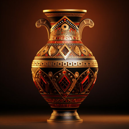 Immerse yourself in the rich history of ancient pottery with this stunning illustration depicting 'The Timeless Elegance.' This realistic art-style image showcases an exquisite ceramic vase adorned with intricate patterns and motifs inspired by ancient civilizations. The vase exudes a sense of history and cultural heritage, reflecting the beauty and craftsmanship of ancient pottery techniques. Subtle lighting and shadow effects highlight the delicate details and the vase's elegant shape, captivating viewers with its cultural significance and artistic allure. This image is a valuable addition to microstock sites, appealing to those seeking to explore the wonders of ancient pottery.の素材