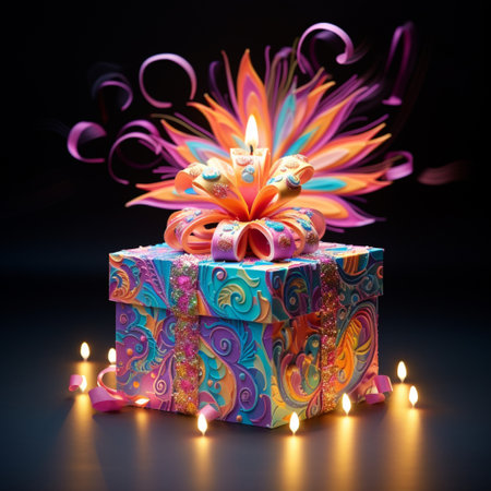 Get ready to experience a burst of euphoria with this vibrant and mesmerizing image of a birthday gift box! The box is beautifully wrapped with an intricate design, showcasing a blend of captivating patterns and textures. Bursting forth from the box are flames of vibrant colors, radiating energy and happiness. The flames create an explosion of joy, illuminating the room and captivating anyone who lays eyes upon it. The overall art style is bold and eye-catching, with exaggerated shapes and vibrant colors that elicit an immediate emotional response. This image encapsulates the essence of igniting joy in a wrapped box, evoking reactions of awe, excitement, curiosity, and intrigue from viewers.の素材