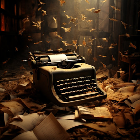 Step into the abandoned attic and discover the captivating image of a vintage typewriter lost in time. Covered in a thick layer of dust, this forgotten relic sits amidst scattered pages, revealing glimpses of faded poems and stories. The atmospheric lighting accentuates the dusty aura, while subtle rays of sunlight stream through a broken window, symbolizing the potential revival of the typewriter's soul. This image evokes a sense of nostalgia and mystery, leaving viewers intrigued by the hidden tales locked within the silent typewriter.の素材