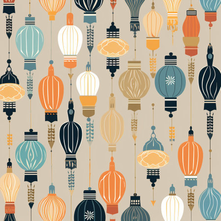 Experience serenity and calm with this abstract illustration featuring decorative lanterns. The minimalist style emphasizes simplicity, while the lanterns exude a sense of tranquility. Arranged in a harmonious pattern, they cast soft, warm light against a cool, muted backdrop, creating a soothing atmosphere. Each lantern is adorned with intricate designs inspired by diverse cultures, symbolizing unity and diversity. This illustration is perfect for meditation apps, wellness blogs, or interior design publications seeking imagery that embodies peace and serenity.の素材