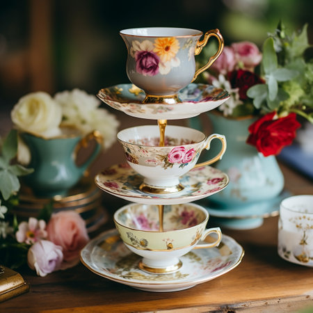 Immerse yourself in the whimsical and joyful world of this eclectic display featuring vintage tea cups stacked on tiered stands. Each cup showcases its own unique design, boasting a mix of floral, geometric, and abstract motifs. The vibrant colors and ornate details create an atmosphere of nostalgia, inspiration, and admiration for eclectic aesthetics. The art style of this image combines elements of watercolor and digital illustration, bringing out the intricate textures and delicate features of the tea cups. Perfect for illustrating articles about tea parties, vintage decor, and creative DIY centerpiece ideas.の素材