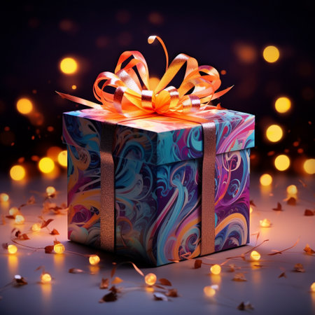 Get ready to experience a burst of euphoria with this vibrant and mesmerizing image of a birthday gift box! The box is beautifully wrapped with an intricate design, showcasing a blend of captivating patterns and textures. Bursting forth from the box are flames of vibrant colors, radiating energy and happiness. The flames create an explosion of joy, illuminating the room and captivating anyone who lays eyes upon it. The overall art style is bold and eye-catching, with exaggerated shapes and vibrant colors that elicit an immediate emotional response. This image encapsulates the essence of igniting joy in a wrapped box, evoking reactions of awe, excitement, curiosity, and intrigue from viewers.の素材