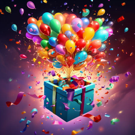 Immerse yourself in a world of joy and excitement with this image of a brightly colored gift box being opened, revealing a spectacular explosion of rainbow-colored confetti and balloons. The lively and whimsical art style, reminiscent of a children's picture book illustration, adds an extra layer of magic and delight.の素材