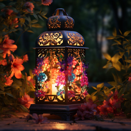 Step into a world of enchantment with these luminous gardens adorned with exquisite lanterns and floral delights. This stunning image showcases a decorative lantern illuminated in a mesmerizing glow, featuring intricate details and delicate adornments of vibrant flowers and plants. The lush and magical garden surrounding the lantern creates a serene and enchanting ambiance, inviting viewers to immerse themselves in the beauty of nature. The vibrant and eye-catching art style captures attention with intricate patterns and a touch of whimsical elegance, evoking a sense of awe and wonder. This captivating image is sure to spark the imagination and leave viewers enchanted.の素材