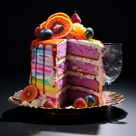 Prepare to indulge your senses with this visually stunning cake being sliced, showcasing intricate layers and vibrant colors. The cake is elegantly displayed on a table, complemented by an artistically arranged dining setup. Experience the harmonious beauty of this sweet symphony as each slice reveals a masterpiece of flavors and textures.の素材