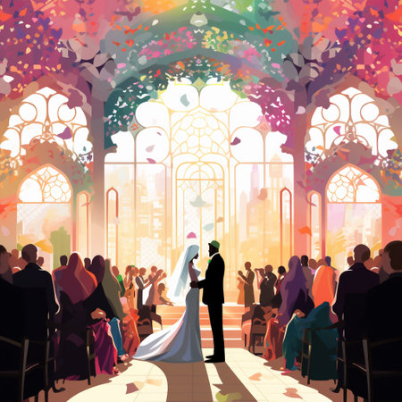 Immerse yourself in the beauty of a wedding ceremony that showcases a harmonious blending of different cultural and religious traditions. The image captures a couple, adorned in attire that represents their respective faiths, standing at the center surrounded by joyful guests from diverse backgrounds. The space is adorned with vibrant flowers and decorations that symbolize unity and inclusivity. In the background, a stained-glass window, ornate architectural details, or elegant calligraphy add an exquisite touch. The scene radiates a warm, celebratory atmosphere, capturing the essence of love, spirituality, and cultural harmony in a wedding ceremony that transcends boundaries.の素材