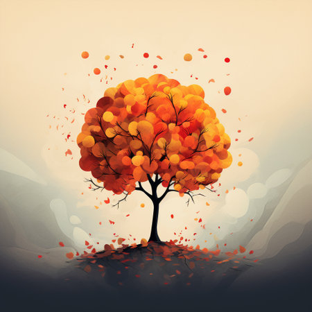 A visual representation in a minimalistic style of "Majesty in Transition: A lone tree stands tall amidst a sea of changing foliage, symbolizing the cyclical nature of life." This image captures the essence and beauty of autumn leaves and trees, evoking a sense of serenity and contemplation.の素材