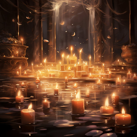 Step into a world of enchantment and serenity with this realistic art style image titled 'Illuminated Whispers: A Symphony of Light.' The captivating scene showcases an array of candles in different sizes and shapes, radiating a warm and inviting glow. Surrounding the candles, delicate fairy lights shimmer subtly, casting a soft, ethereal ambiance. The composition evokes a sense of tranquility and wonder, inviting viewers to immerse themselves in the symphony of light.の素材