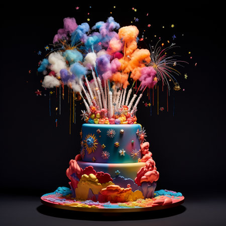 Prepare to be mesmerized by this surreal cake floating among the clouds, adorned with vibrant flowers, shimmering stars, and whimsical creatures. The cake, colossal in size, embodies the essence of celebration and joy. The scene evokes a sense of wonder and awe, with colors bursting with life and intricate details that captivate the viewer's imagination. The art style is a fusion of fantasy and realism, showcasing impeccable craftsmanship and intricate details, making it a truly unforgettable moment.の素材