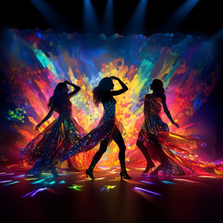 Experience the mesmerizing interplay of light and shadows on the vibrant dance floor with 'Dancing Shadows'. This captivating artwork depicts a scene where silhouetted dancers move effortlessly in fluid and dynamic poses, showcasing their unique styles and movements. The electric atmosphere is heightened by pulsating music, colorful strobe lights, and animated projections casting dynamic patterns across the room. The art style chosen perfectly captures the energy and visual allure of this enchanting dance floor spectacle, creating a visually striking composition that evokes a sense of rhythm, joy, and an irresistible urge to join in.の素材