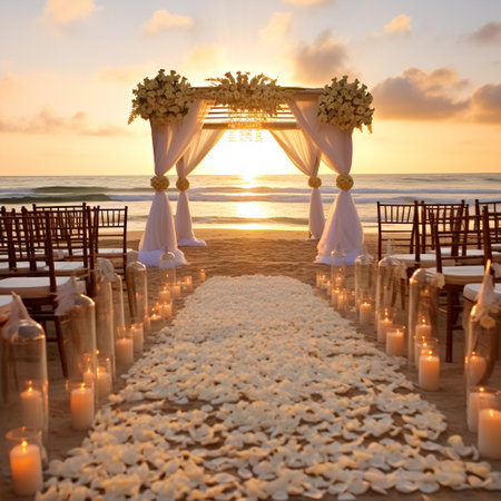 Step into a world of love and enchantment with this breathtaking image capturing a beachside wedding ceremony at sunset. The golden hues of the setting sun illuminate the sandy shores as the bride and groom exchange heartfelt vows, their love mirrored in the crashing waves behind them. Scattered rose petals gently adorn the sandy aisle, leading to a canopy adorned with twinkling lights that creates a romantic ambiance against the dusk. Tiki torches line the aisle, casting a soft glow that adds to the magical atmosphere. Elegantly dressed guests, beaming with joy, applaud the newlyweds, their presence enhancing the joyous celebration. This image exudes serenity, happiness, and the promise of a lifetime of love, making it a captivating choice for articles or advertisements related to beach weddings, destination ceremonies, or romantic getaways.の素材