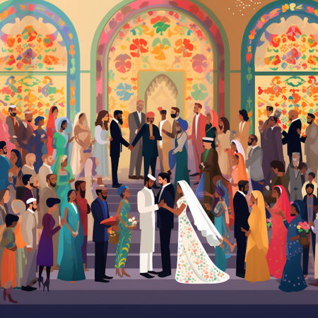 Immerse yourself in the beauty of a wedding ceremony that showcases a harmonious blending of different cultural and religious traditions. The image captures a couple, adorned in attire that represents their respective faiths, standing at the center surrounded by joyful guests from diverse backgrounds. The space is adorned with vibrant flowers and decorations that symbolize unity and inclusivity. In the background, a stained-glass window, ornate architectural details, or elegant calligraphy add an exquisite touch. The scene radiates a warm, celebratory atmosphere, capturing the essence of love, spirituality, and cultural harmony in a wedding ceremony that transcends boundaries.の素材