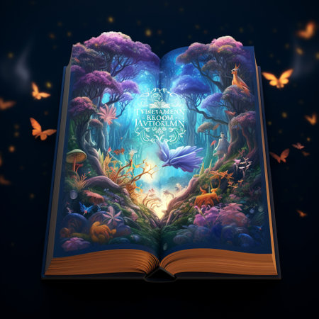 Experience the enchantment of literature and the power of imagination with this captivating image of a mystical forest emerging from the center of an open book. Towering trees, vibrant flowers, and magical creatures come to life in a whimsical fantasy art style, bringing to life the beauty and wonder found within the pages of a book.の素材