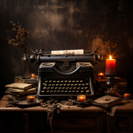Immerse yourself in the world of typewriter rituals with this captivating image. It showcases a classic typewriter placed on a rustic wooden desk in a dimly lit room, enhancing its vintage elegance. Warm and dramatic lighting bathes the scene, evoking a sense of nostalgia, craftsmanship, and passion. Surrounding the typewriter are scattered pieces of crumpled paper, ink bottles, and a worn-out leather notebook, symbolizing the creative process and the intimate relationship between a writer and their cherished typewriter.の素材