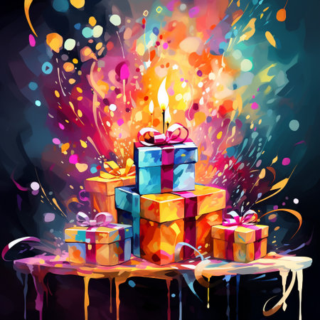 Experience the enchantment of birthdays with this exquisite digital illustration. In the style of abstract expressionism, the artwork captures the moment of anticipation as a birthday gift is being unwrapped. Immerse yourself in a magical atmosphere, filled with vibrant hues and shimmering ribbons. The scene evokes emotions of joy, surprise, and excitement, inviting viewers to join in the celebration. Let your imagination soar as creativity and celebration intertwine in this visually stunning masterpiece. Explore whimsical arrangements of balloons and intricately designed gift boxes, as the artistry of birthdays unfolds in this captivating image.の素材