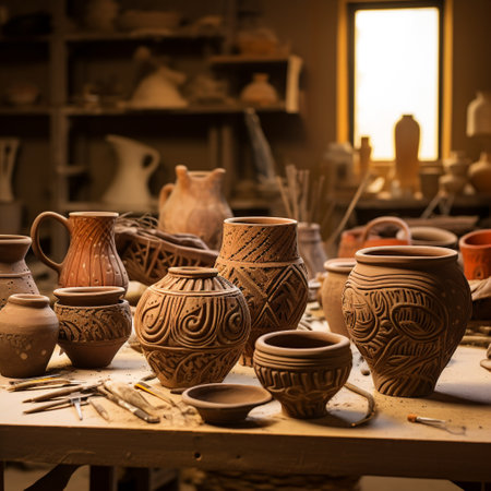 Immerse yourself in the rich history and craftsmanship of ancient pottery with this photo-realistic image. Witness a skilled artisan as they delicately craft a clay vessel on a traditional pottery wheel, showcasing the dedication and expertise required in this timeless art form. Surrounding the artisan, intricate patterns and symbols representing various ancient civilizations and pottery techniques from around the world are incorporated, highlighting the cultural diversity and innovation of pottery-making throughout history. The setting is a sunlit workshop, adorned with shelves filled with beautifully glazed pottery, showcasing the diverse forms, colors, and cultural influences. Let this image transport you to a different era, evoking a sense of awe and curiosity about the magnificent legacy of ancient pottery.の素材