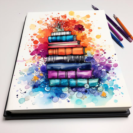 Immerse yourself in the vibrant world of watercolor art with this stunning image depicting a stack of empty journals surrounded by colorful, floating ink pens. Each journal features unique patterns on its cover, ranging from delicate floral designs to mesmerizing geometric shapes. The composition is filled with anticipation and potential, as the journals wait to be filled with stories, dreams, and untold adventures.の素材