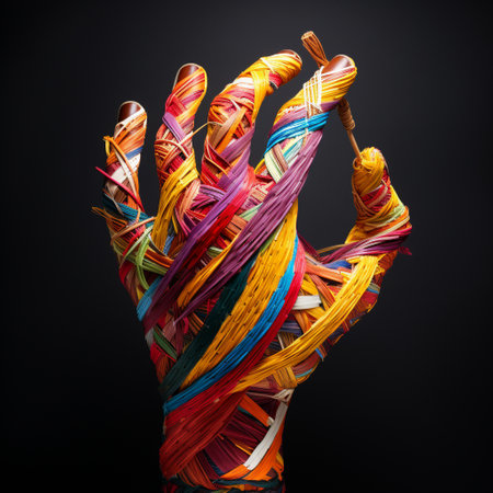 Immerse yourself in the artistry and craftsmanship of carpentry with this stunning image of a stylized hand partially wrapped in colorful threads, intricately intertwined with various carpentry tools. The delicate curvature of the hand's fingers gracefully envelops the tools, highlighting the interplay between precision, creativity, and craftsmanship. The vibrant threads symbolize the weaver's thread of creativity, showcasing the fusion of artistry and functionality in the world of carpentry tools. The art style of this image is a blend of modern abstract and minimalistic aesthetics, with bold shapes and contrasting colors.の素材