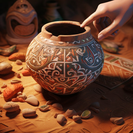 Step back in time and uncover the wonders of an ancient pottery artifact discovered in a remote archaeological dig site. The artifact reveals intricate details and vibrant colors that have remained unseen for centuries. This artwork captures the beauty and cultural significance of the ancient pottery fragment, showcasing its intricate patterns and historical value. The realistic art style with a touch of mystique evokes curiosity and intrigue, adding to the allure of this lost treasure.の素材