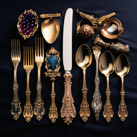 Experience the epitome of opulence and exquisite craftsmanship with this sparkling image of extravagant cutlery and dishes fit for royalty. This captivating display showcases a touch of glamour and invites viewers into a world of luxury dining. Explore various art styles to make this prompt stand out on microstock sites.の素材