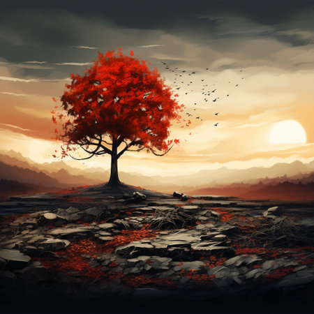 Immerse yourself in the melancholic beauty of 'The Last Refuge'. This realistic art style image captures the essence of resilience in nature amidst change. Against an evocative backdrop of a desolate landscape, vibrant red and orange autumn leaves take center stage. A solitary leaf bravely clings to the withered tree, defying the strong winds. This poignant imagery conveys the essence of strength, resilience, and the fleeting beauty of life's transitions.の素材
