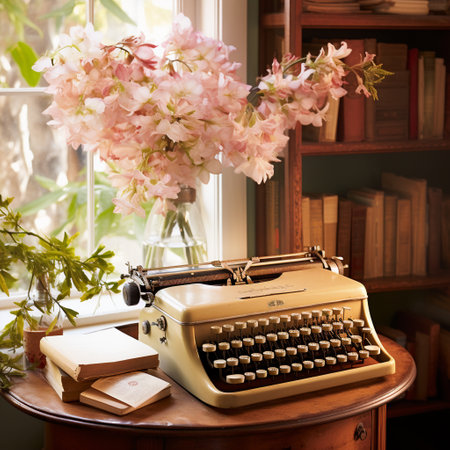 Step into a whimsical scene set in a cozy vintage study, where a classic typewriter takes center stage. Adorned with vibrant flowers blooming from its keys, the typewriter is transformed into a magical vessel of creativity. Soft sunlight filters through the window, casting a warm glow on the dusty pages of a half-completed manuscript that rests beside the typewriter. Surrounded by antique books and vintage stationery, this typewriter embodies the fusion of nature and technology, evoking a sense of nostalgia and creative inspiration. Immerse yourself in the timeless appeal of this captivating image, brought to life in an art style inspired by watercolors.の素材