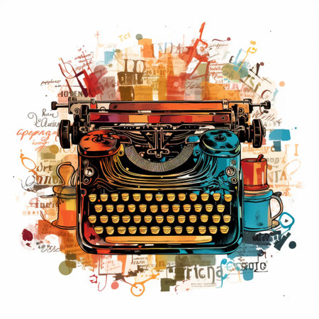 Immerse yourself in the essence of preserving literary legacy with this vibrant digital illustration. The artwork captures the beauty of classic typewriters and their contribution to storytelling. A sleek, vintage typewriter is showcased on a wooden desk, complemented by an intricate ink-inspired design. The scene is adorned with an assortment of well-worn novels, fluttering pages, and scattered ink bottles, symbolizing the richness of literature. Delicate vines of words emerge from the typewriter, gracefully intertwining with the surroundings, signifying the lasting impact of storytelling and the power it holds.の素材