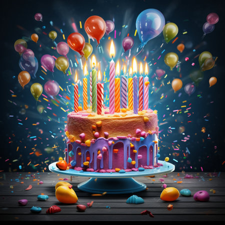 Get ready to celebrate in style with this vibrant and visually appealing image inspired by the title 'Sparkling Festivities'! This modern digital illustration depicts a whimsical birthday celebration with an artistic twist. Immerse yourself in a colorful scene where a cake adorned with sparkling candles takes center stage, surrounded by festive decorations, balloons, and confetti. The image incorporates elements that symbolize joy, excitement, and a sense of celebration, making it suitable for various occasions like birthdays, anniversaries, or other joyous milestones.の素材