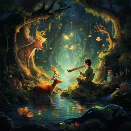 Immerse yourself in a vibrant and fantastical world with this whimsical forest scene. In this captivating artwork, a person plays a musical instrument to captivate the attention of magical creatures. The art style is vibrant and filled with a touch of fantasy, bringing the scene to life. The illustration showcases a harmonious connection between the musician, nature, and the enchanted beings, evoking a sense of adventure and exploration.の素材