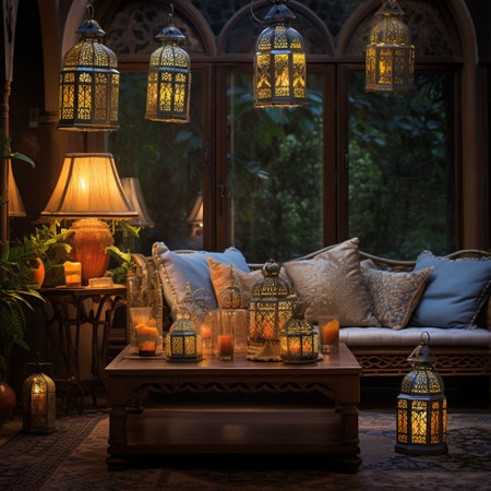 Step into a cozy living room filled with nostalgia as a charming vintage scene unfolds. The room is adorned with old-fashioned decorative lanterns, casting a soft, warm glow that evokes memories of bygone days. Each lantern boasts a unique and distinct design, showcasing a range of elegant, ornate patterns and intricate details. Infused with a touch of whimsy, this image transports the viewer back in time to cherish a precious memory. Embrace the beauty of the past and celebrate its vintage charm with this captivating art piece, appealing to a wide audience and perfect for microstock sites.の素材