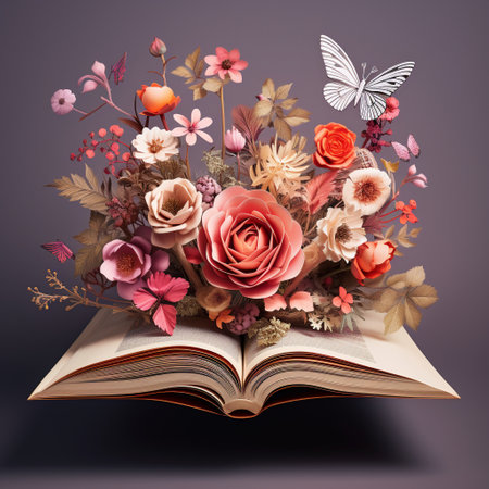 Discover the transformative power of literature with this vibrant and eye-catching book cover that gradually transforms into a stunning arrangement of blooming flowers. Symbolizing growth, inspiration, and new perspectives, this design starts with its original form and reveals intricate floral patterns and blossoming petals, capturing the beauty and harmony of literature and nature.の素材