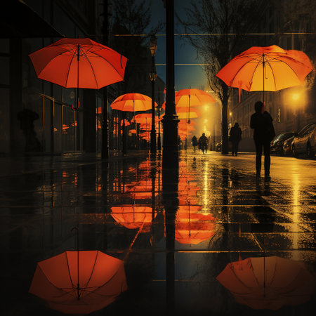Step into the mysterious world of a rainy street scene, where colorful umbrellas create captivating shadows under dim streetlights. This image is imbued with a touch of noir style, evoking a sense of understated mystery and enigmatic beauty. The raining atmosphere adds to the ambiance, creating a captivating visual that engages the imagination.の素材
