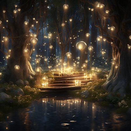 Step into a whimsical world filled with enchantment and magic! In this vibrant and dreamy scene, enchanted candles and fairy lights fill the air with their enchanting twinkles. The art style is perfect for microstock sites, offering a captivating and magical experience to viewers.の素材